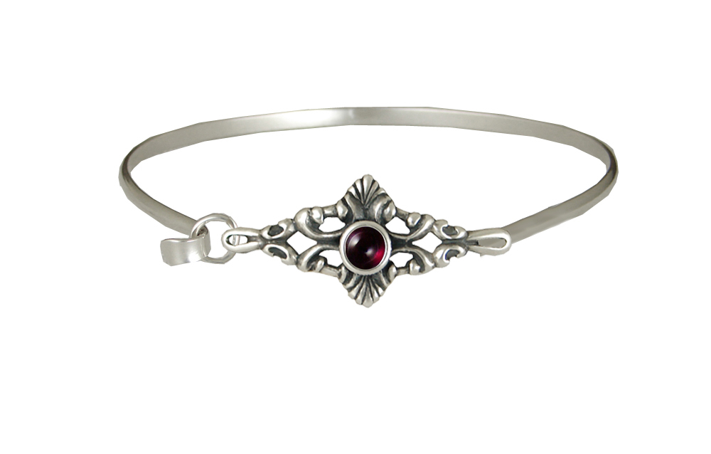Sterling Silver Victorian Strap Latch Spring Hook Bangle Bracelet With Garnet